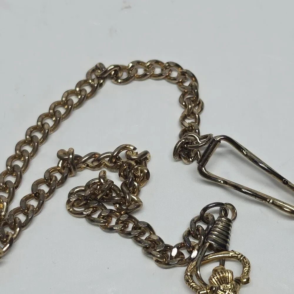 Vintage Midwest Traders Metal Gold Tone Quartz Golfer Pocket Watch With Chain